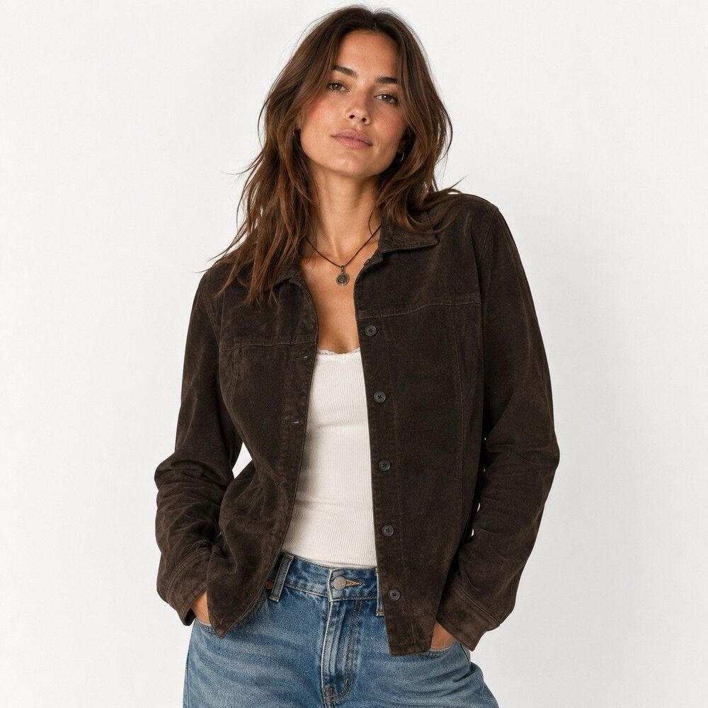 Cherokee 90s Y2K Western Suede Leather Jacket Button Front Coat L Brown Vintage